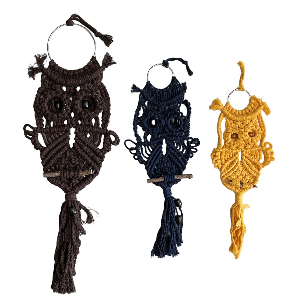Vintage Retro Beaded Macramé Owl Set of 3 Yellow Blue Brown